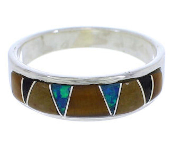 Southwestern Sterling Silver Multicolor Inlay Ring Size 6-1/2 UX37298