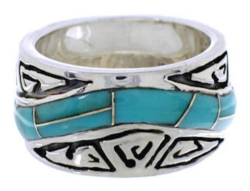 Southwest Turquoise Inlay Water Wave Silver Ring Size 6-3/4 EX40792