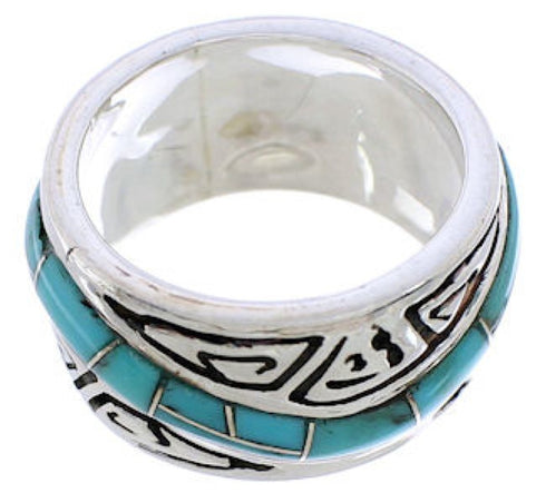 Southwest Turquoise Inlay Water Wave Silver Ring Size 6-3/4 EX40792