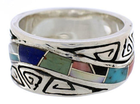Multicolor Inlay Water Wave Silver Ring Size 8-1/4 EX40882