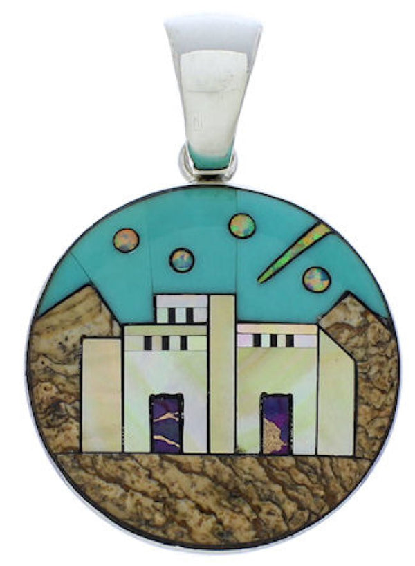 Silver Native American Village Design Multicolor Pendant MX22242