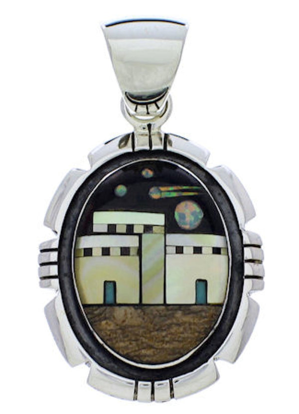 Silver Native American Village Design Multicolor Pendant MX22275