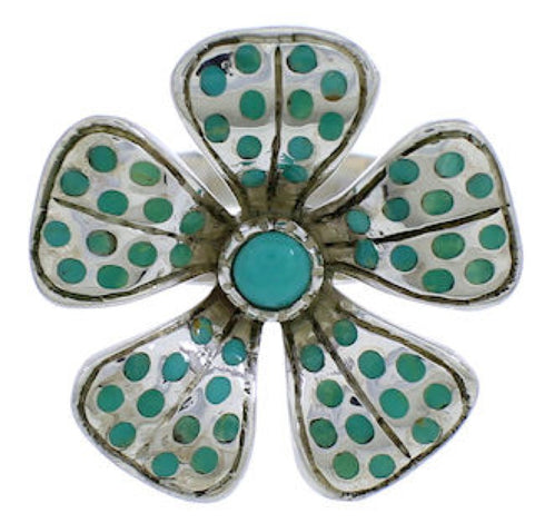 Southwest Turquoise Inlay Flower Genuine Sterling Silver Ring Size 6-3/4 RX88436