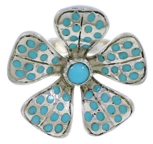 Turquoise Inlay Flower Sterling Silver Ring Size 7-1/2 RX88399