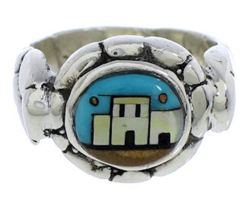 Southwest Silver Native American Village Design Multicolor Ring Size 7-3/4 QX75692