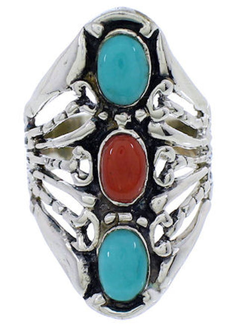 Turquoise Coral Jewelry Silver Southwest Ring Size 6-3/4 UX33010