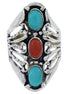 Turquoise Coral Jewelry Silver Southwest Ring Size 6-3/4 UX33010
