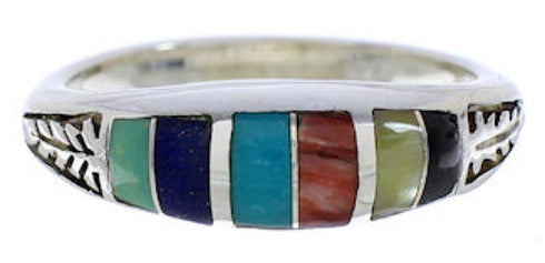 Southwestern Sterling Silver Multicolor Inlay Ring Size 4-3/4 UX35276