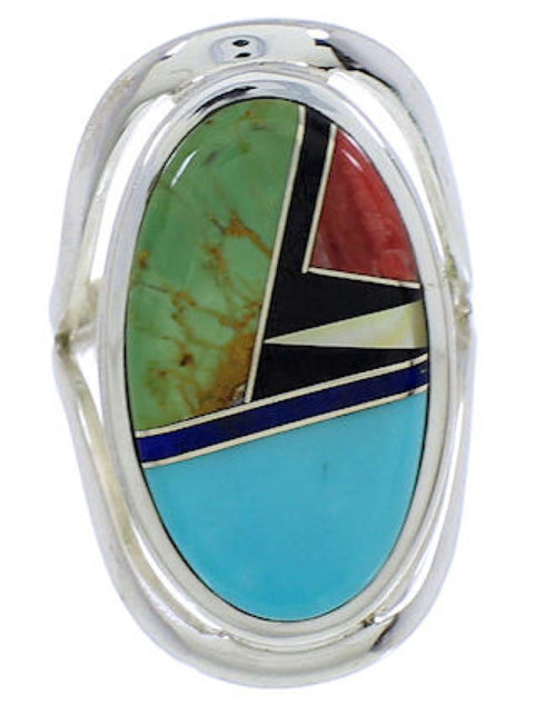 Southwest Sterling Silver Multicolor Inlay Ring Size 6-1/4 JX37663