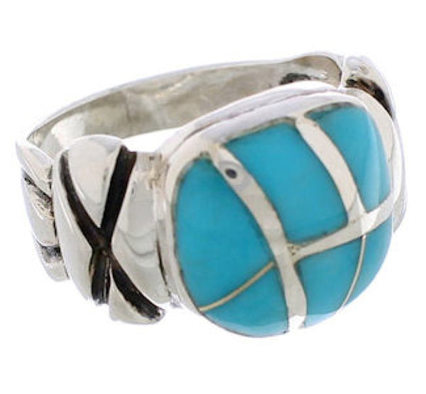 Southwestern Turquoise Inlay Silver Jewelry Ring Size 7-1/2 TX39921