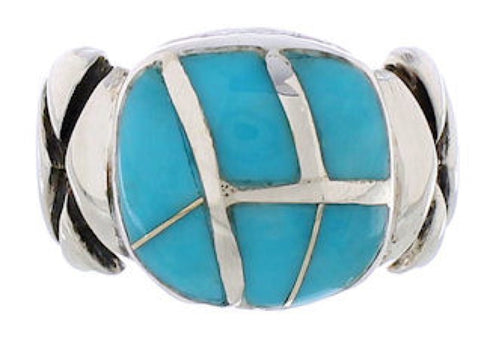 Southwestern Turquoise Inlay Silver Jewelry Ring Size 7-1/2 TX39921