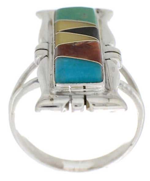 Southwestern Sterling Silver Multicolor Inlay Ring Size 5-3/4 WX41277