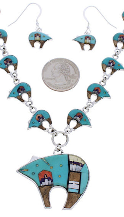 Multicolor Bear Native American Mesa Design Link Necklace Set PX37976
