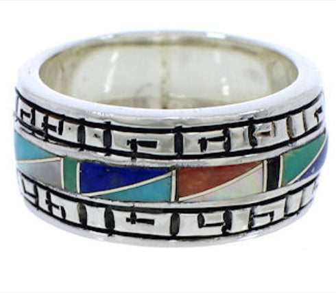 Southwestern Silver Multicolor Inlay Ring Size 7-3/4 WX36386