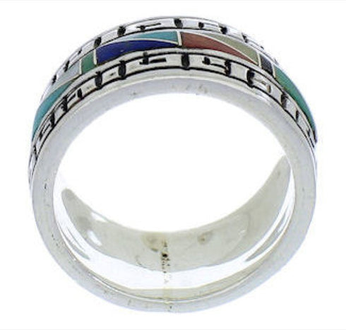 Southwestern Silver Multicolor Inlay Ring Size 7-3/4 WX36386