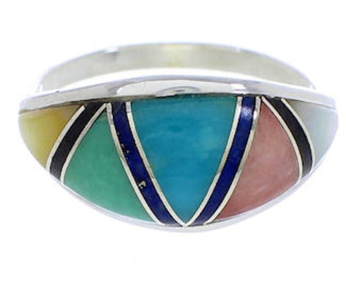 Southwestern Multicolor Inlay Silver Ring Size 7-1/2 ZX36364