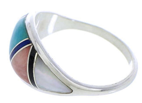 Southwestern Multicolor Inlay Silver Ring Size 7-1/2 ZX36364