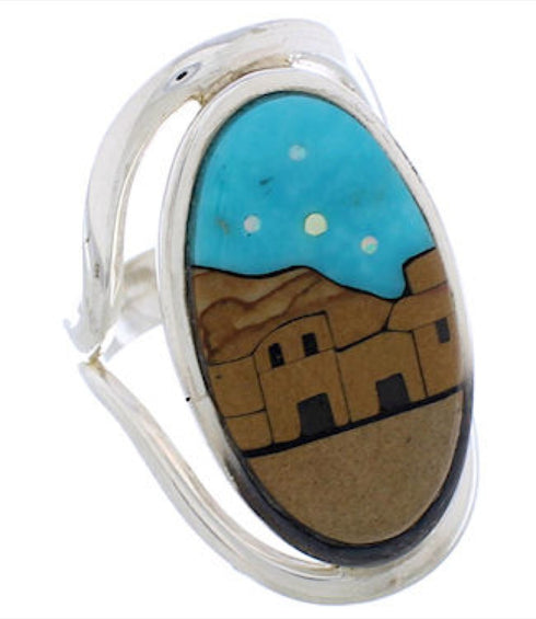Native American Pueblo Design Multicolor Ring Size 6-3/4 EX42322