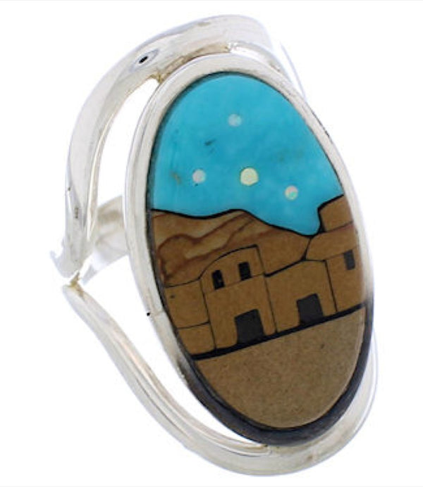 Native American Pueblo Design Multicolor Ring Size 6-3/4 EX42322