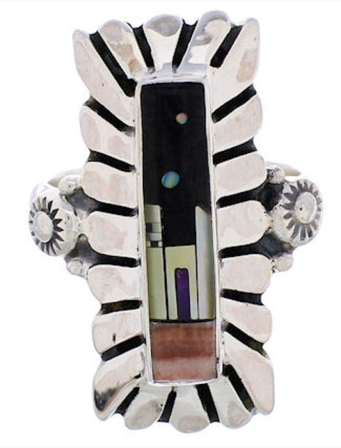 Native American Design Silver Multicolor Ring Size 7-3/4 EX42379