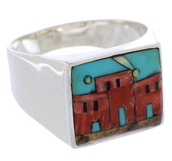 Multicolor Native American Design Silver Ring Size 9-3/4 EX42403