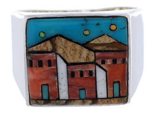 Multicolor Native American Design Silver Ring Size 9-3/4 EX42413