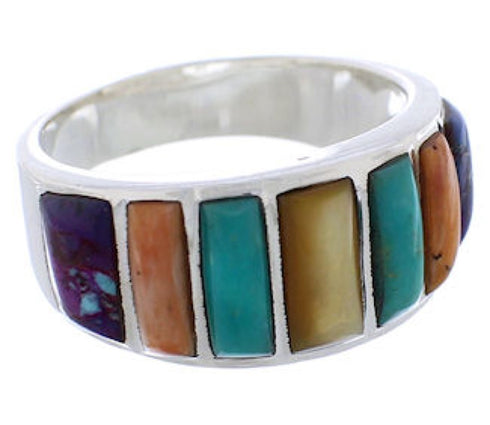 Southwestern Sterling Silver Multicolor Inlay Ring Size 7-1/2 AX36770