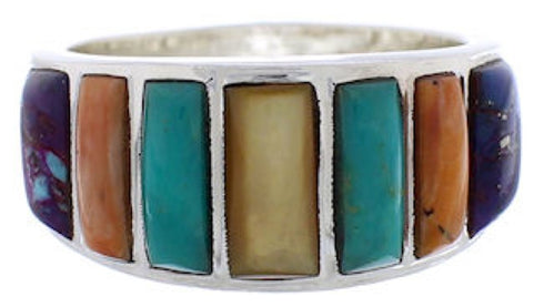 Southwestern Sterling Silver Multicolor Inlay Ring Size 7-1/2 AX36770