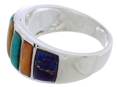 Southwestern Sterling Silver Multicolor Inlay Ring Size 7-1/2 AX36770