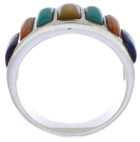 Southwestern Sterling Silver Multicolor Inlay Ring Size 7-1/2 AX36770