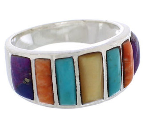 Southwestern Sterling Silver Multicolor Ring Size 7-3/4 AX36773