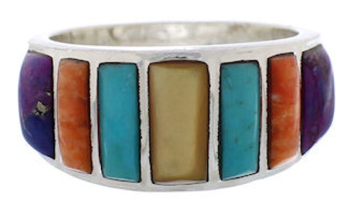 Southwestern Sterling Silver Multicolor Ring Size 7-3/4 AX36773