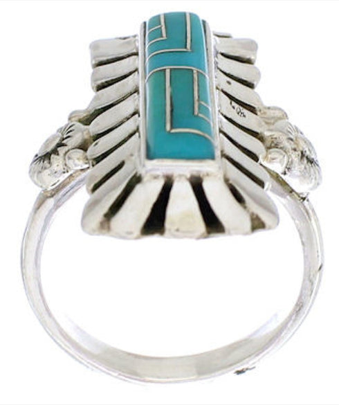 Southwest Turquoise Inlay Silver Ring Size 7-3/4 EX42806