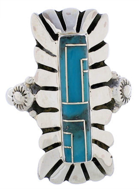 Sterling Silver Turquoise Inlay Ring Size 8-1/4 EX42815