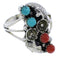Southwest Turquoise And Coral Flower Silver Ring Size 5 EX45306