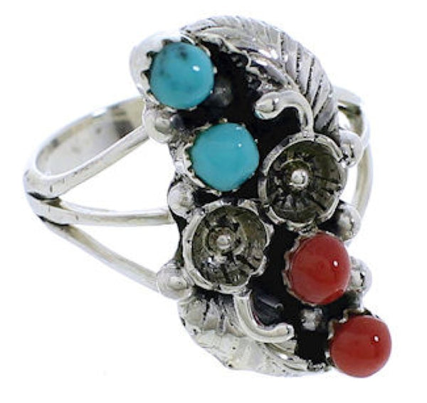 Silver Southwest Turquoise And Coral Flower Ring Size 4-3/4 EX45307