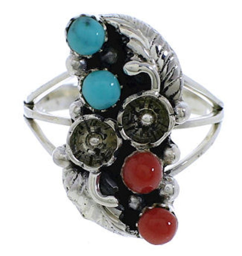 Turquoise And Coral Sterling Silver Flower Ring Size 7-1/4 EX45313