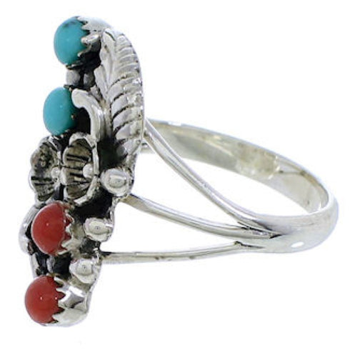 Turquoise And Coral Sterling Silver Flower Ring Size 7-1/4 EX45313