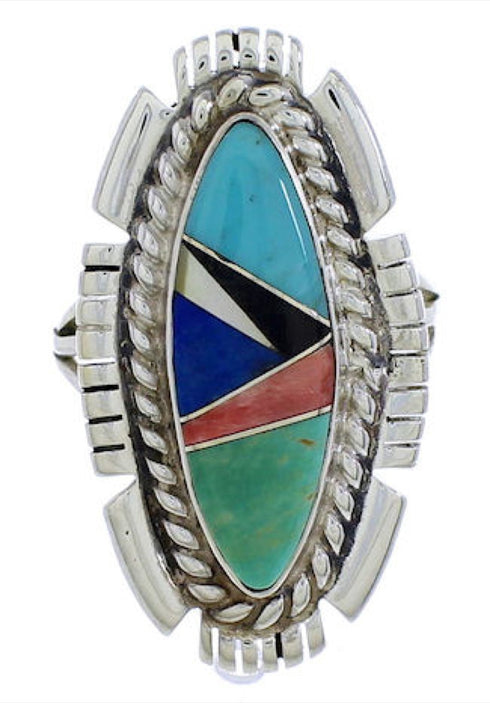 Multicolor Inlay Silver Southwest Ring Size 7 TX40755
