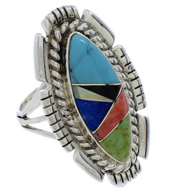 Southwestern Multicolor Inlay Sterling Silver Ring Size 6-1/2 TX40770