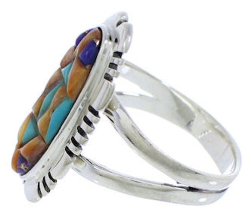 Genuine Sterling Silver And Multicolor Inlay Ring Size 8-3/4 TX38004