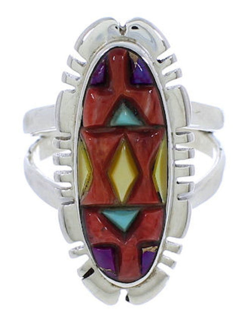 Southwestern Sterling Silver Multicolor Inlay Ring Size 5-3/4 TX38014