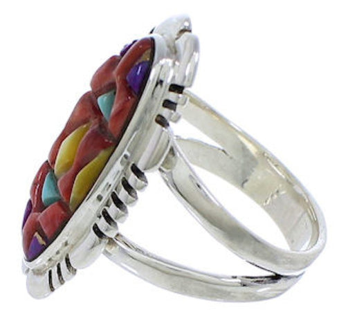 Southwestern Sterling Silver Multicolor Inlay Ring Size 5-3/4 TX38014