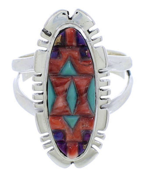 Southwestern Sterling Silver Multicolor Inlay Ring Size 8-1/2 TX38038