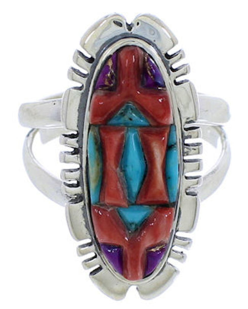 Silver Southwest Multicolor Inlay Ring Size 6-3/4 TX38058