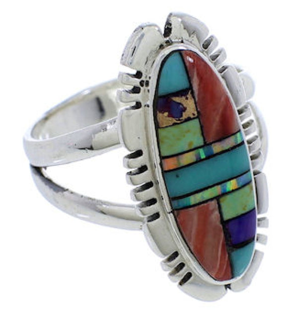 Southwestern Inlay Authentic Silver Multicolor Ring Size 7-1/2 TX38104
