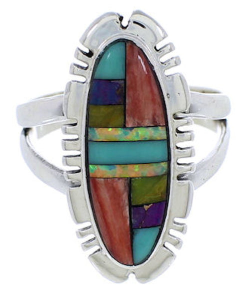 Southwestern Inlay Genuine Silver Multicolor Ring Size 7-1/2 TX38123
