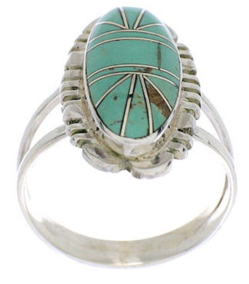 Southwestern Sterling Silver Turquoise Inlay Ring Size 7-3/4 TX28580