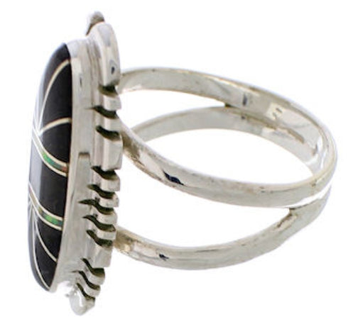 Southwest Sterling Silver Jet And Opal Inlay Ring Size 5-3/4 TX28661