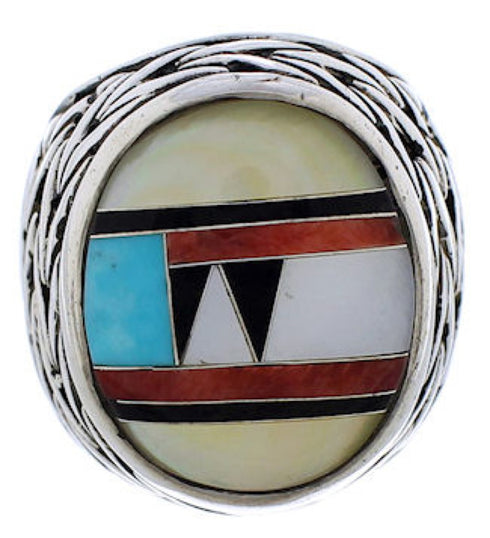 Multicolor Inlay Genuine Sterling Silver Ring Size 7-3/4 EX50805